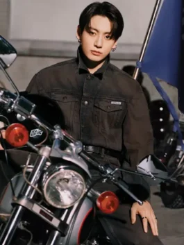 Jung Kook Calvin Klein Denim Jacket in dark brown denim with a sharp trucker fit and button styling