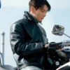 Jung Kook Calvin Klein Leather Jacket in black real leather with shirt collar and sleek zip-front style