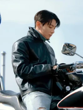 Jung Kook Calvin Klein Leather Jacket in black real leather with shirt collar and sleek zip-front style