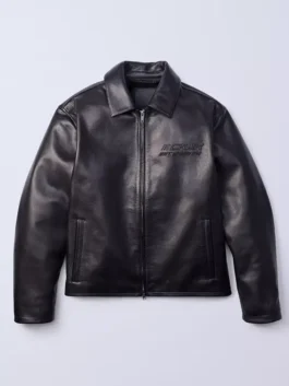 Jung Kook Calvin Klein Leather Jacket front view with black leather, zipper front, and neat pocket detail