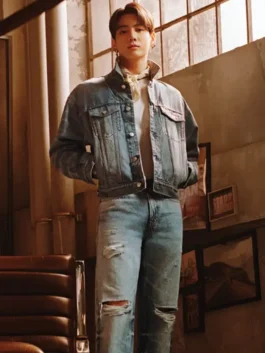 Jung Kook Calvin Klein Denim Jacket in denim with classic trucker styling, button front, and pocket detail