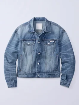 Jung Kook Calvin Klein Denim Jacket front view with denim body, button closure, and shirt collar