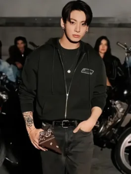 Jung Kook Calvin Klein Hoodie with fleece fabric, soft lining, kangaroo pockets, and clean zip-up styling