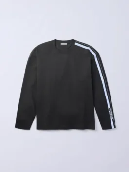 Jung Kook Calvin Klein Stripe Shirt front view with black fleece, round neck, and bold stripe design