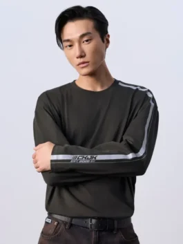 Jung Kook Calvin Klein Stripe Shirt with black fleece body, full sleeves, and clean racing-inspired style