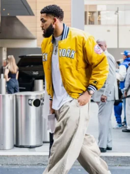 Karl-Anthony Towns Knicks Yellow Jacket in satin with ribbed collar, snap front, and clean bomber style