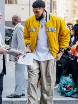 Karl-Anthony Towns Knicks Yellow Jacket in bold yellow satin with snap closure and varsity-style trim