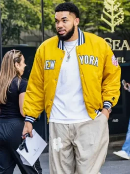 Karl-Anthony Towns Knicks Yellow Jacket front view with yellow satin, snap tab front, and ribbed collar