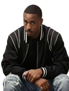 The Gates 2026 Keith Powers Black Bomber Jacket with smooth black satin, ribbed collar, and modern fit