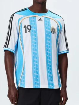 The collaboration layout of the Adidas x Kith Messi Football Jersey featuring precision stitching and a sporty collar.