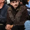 Knicks vs 76ers Timothee Chalamet Trucker Jacket in brown corduroy with button front and pocket detail