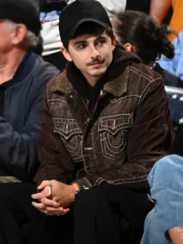 Knicks vs 76ers Timothee Chalamet Trucker Jacket in brown corduroy with button front and pocket detail