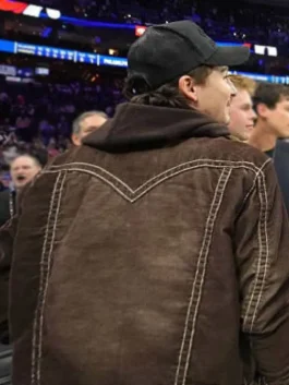 Knicks vs 76ers Timothee Chalamet Trucker Jacket back view with brown corduroy and sherpa collar