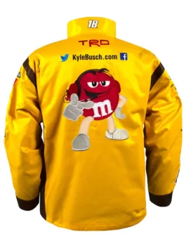 Kyle Busch Joe Gibbs Yellow NASCAR Jacket back view in bold yellow and brown cotton with striking M&M's Joe Gibbs team collection racing detailing throughout.