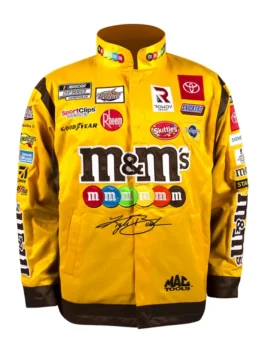 Kyle Busch Joe Gibbs Yellow NASCAR Jacket in vibrant yellow and brown cotton with bold M&M's Joe Gibbs team graphics and a sharp snap tab everyday racing build.