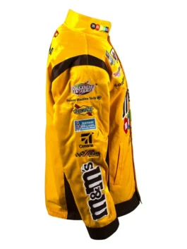 Kyle Busch Joe Gibbs Yellow NASCAR Jacket right view in bold yellow and brown cotton with M&M's racing detailing and a clean stand up collar everyday silhouette.