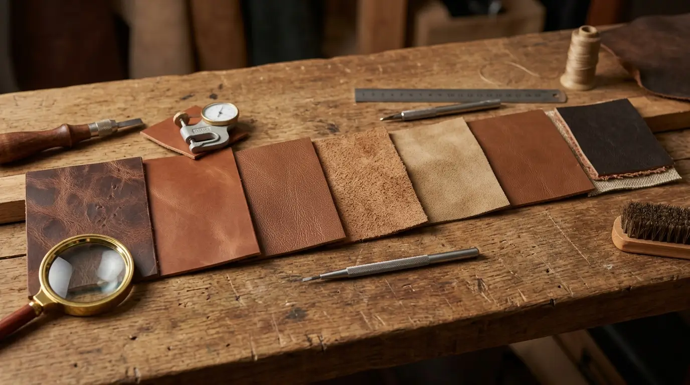 Leather grades comparison showing full-grain, top-grain, suede, genuine, and bonded leather samples