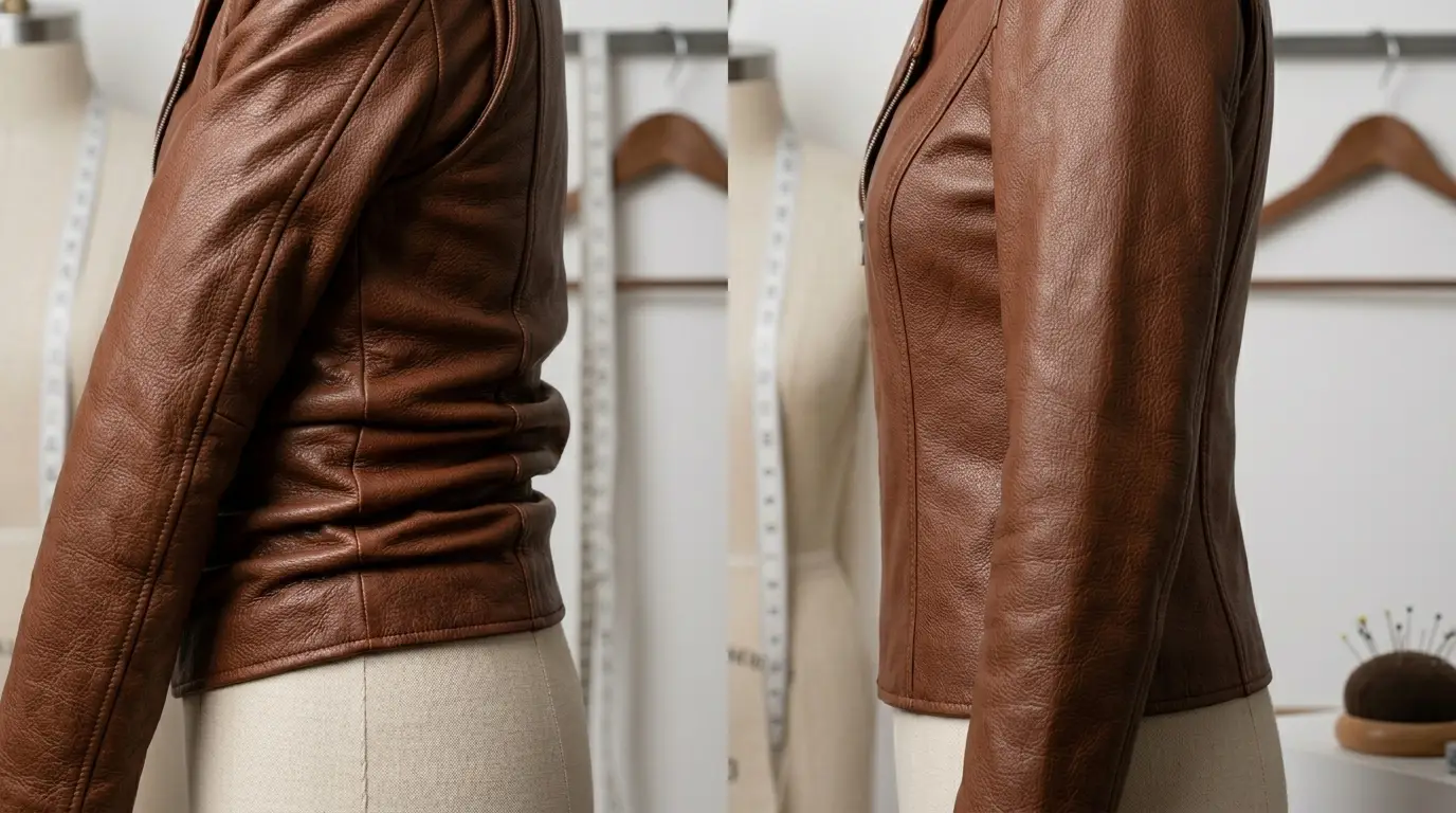 Leather jacket bunching comparison showing excessive folds versus natural leather creasing in a properly fitted jacket