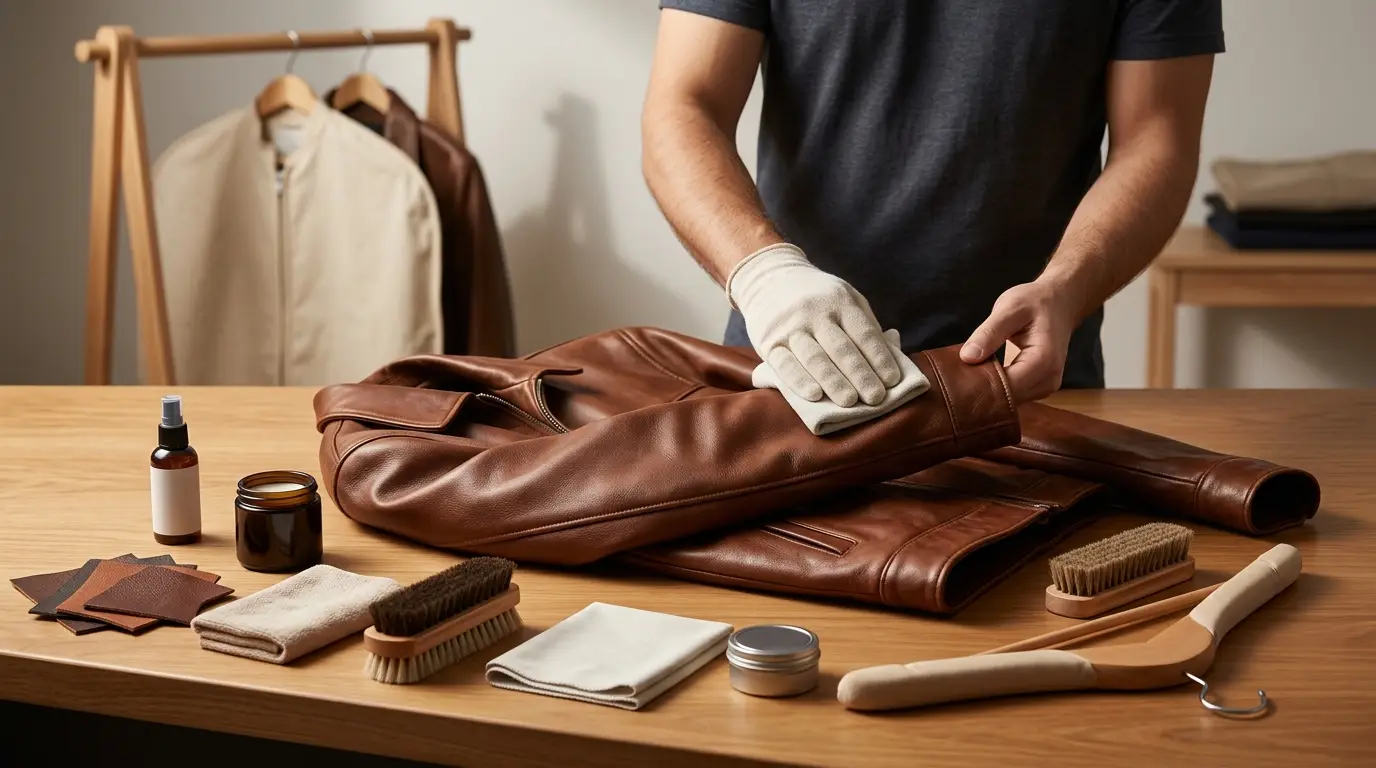 Leather jacket care and longevity guide showing cleaning, conditioning, brushing, and proper jacket storage