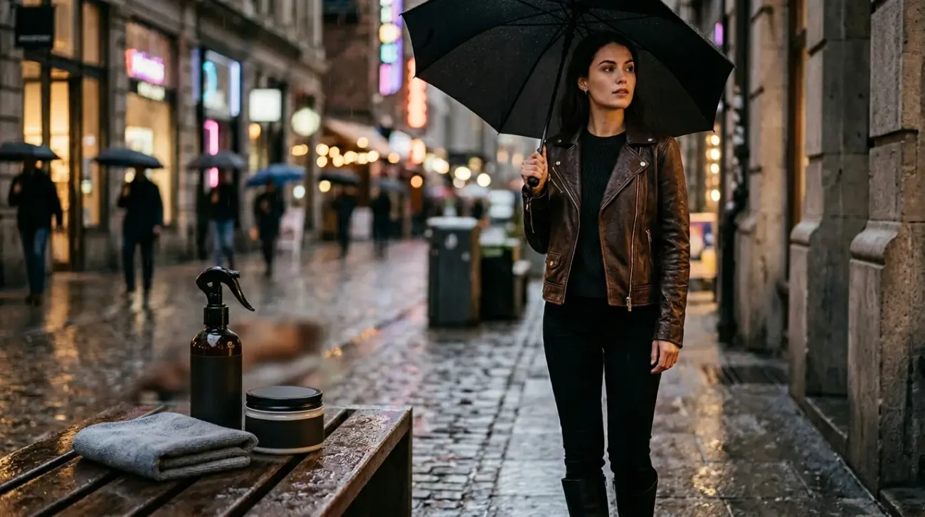 Woman wearing a brown leather jacket under an umbrella on a rainy street with leather care items nearby