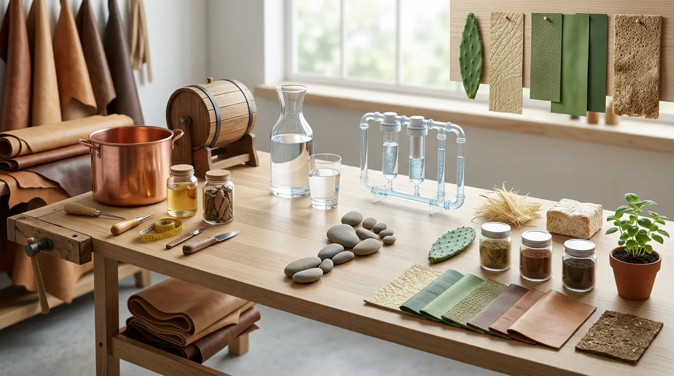 Environmental impact of leather production showing tanning, water use, plant-based leather, and sustainable material samples