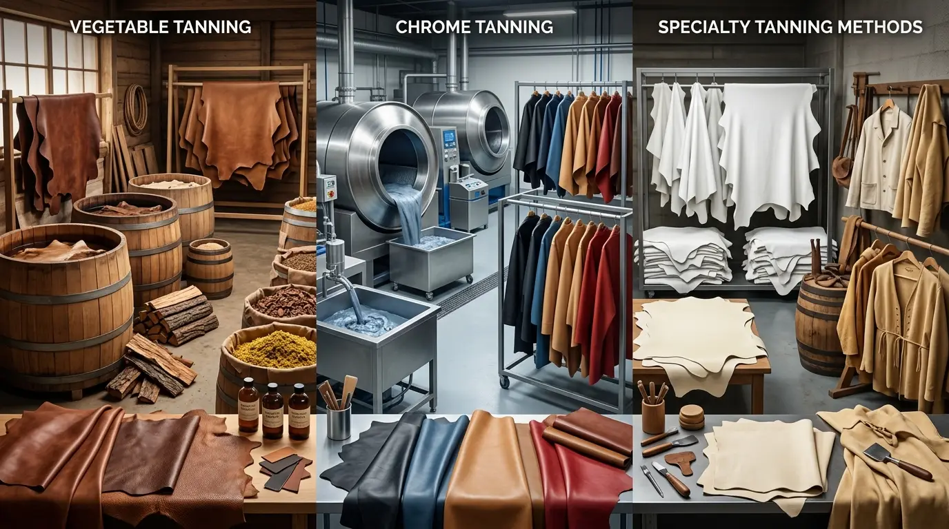 Leather tanning process comparison showing chrome tanning, vegetable tanning, and specialty leather tanning methods