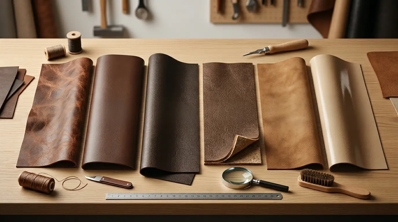 Leather types explained with real leather, PU leather, faux leather, bonded leather, nubuck, and bicast samples