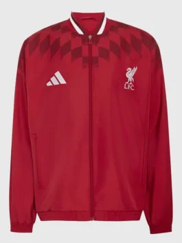 LFC Adidas 26/27 Stadium Track Jacket with maroon polyester fabric, ribbed collar, and zip-up style