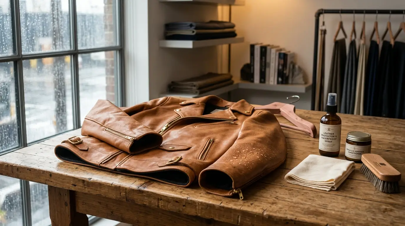 Tan leather jacket on a wooden table with waterproof spray, conditioner, cloth and brush near a rainy window