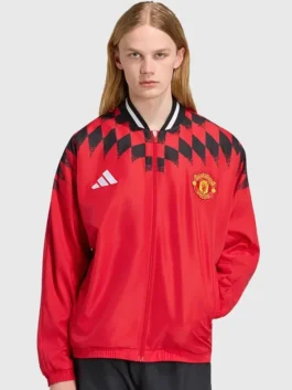United x Adidas Stadium Track Jacket front view with white polyester, zipper closure, and ribbed collar