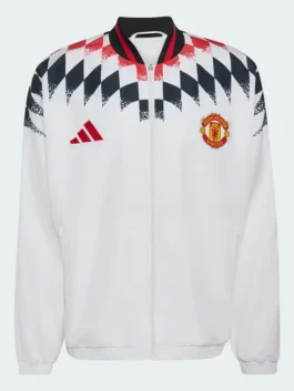 United x Adidas Stadium Track Jacket with white polyester body, ribbed collar, and athletic stadium look