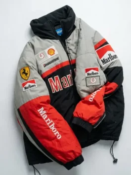 Marlboro 90s Ferrari Vintage Jacket in retro multicolor parachute style with stand collar and zip closure