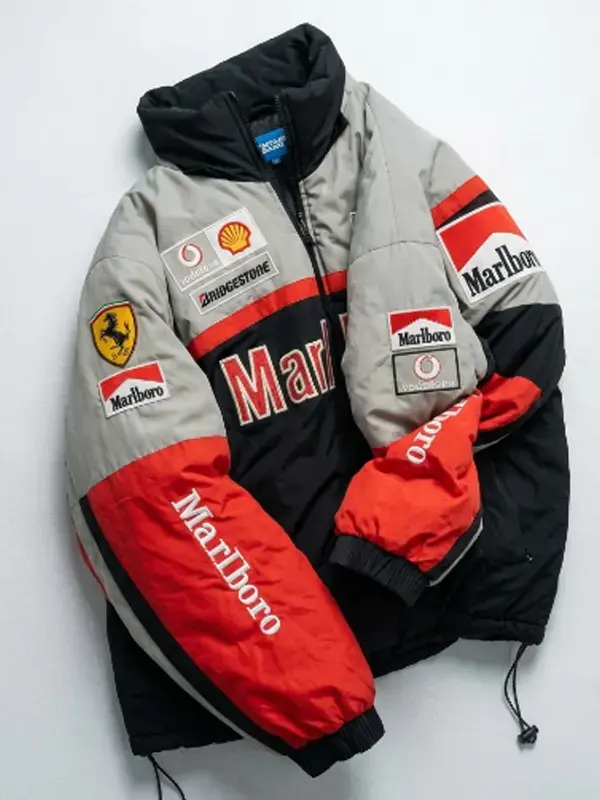 Marlboro 90s Ferrari Vintage Jacket in retro multicolor parachute style with stand collar and zip closure