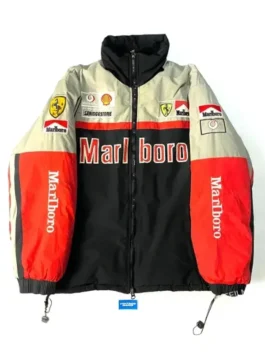 Marlboro 90s Ferrari Vintage Jacket in multicolor design with zipper front, waist pockets, and stand collar