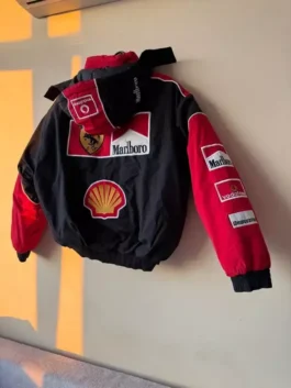 Marlboro Ferrari Racing Vintage Puffer Jacket back view with black and red polyester and elastic hem