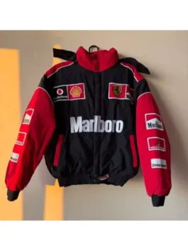 Marlboro Ferrari Racing Vintage Puffer Jacket front view with hooded collar, zipper front, and waist pockets