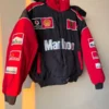 Marlboro Ferrari Racing Vintage Puffer Jacket with black and red body, hooded collar, and elastic cuffs