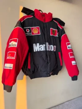 Marlboro Ferrari Racing Vintage Puffer Jacket with black and red body, hooded collar, and elastic cuffs