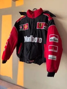 Marlboro Ferrari Racing Vintage Puffer Jacket in black and red polyester with hood and zip front
