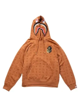 MCM x BAPE Monogram Shark Hoodie with bold shark hood detail, monogram design, and casual street style
