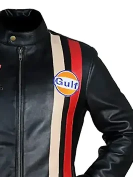 Steve McQueen Le Mans Gulf Racing Black Jacket in black leather with snap tab collar and clean racing fit