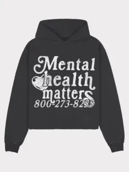 Mental Health Matters Hoodie in black with bold awareness text, relaxed pullover style, and casual fit
