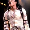 Michael Jackson Silver Bad Era Jacket in silver satin with clean front styling and detailed full sleeves