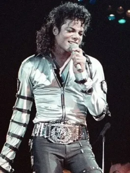 Michael Jackson Silver Bad Era Jacket front view with silver satin shine, zipper front, and strap sleeve design