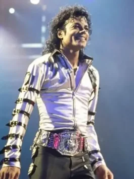 Michael Jackson Silver Bad Era Jacket with shiny silver satin, zip front, and bold strap details on sleeves