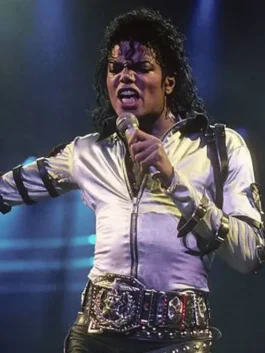 Michael Jackson Silver Bad Era Jacket in shiny silver satin with strap-detailed sleeves and open hem cuffs