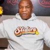 Mike Tyson Rainbow Sliders Hoodie in grey fleece with pullover closure, kangaroo pockets, and ribbed edges