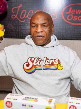 Mike Tyson Rainbow Sliders Hoodie in grey fleece with pullover closure, kangaroo pockets, and ribbed edges