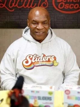 Mike Tyson Rainbow Sliders Hoodie front view in grey fleece with colorful graphic and relaxed pullover fit