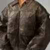 MISSGUIDED Oversized Brown Leather Bomber Jacket in brown leather with shirt collar and zipper front